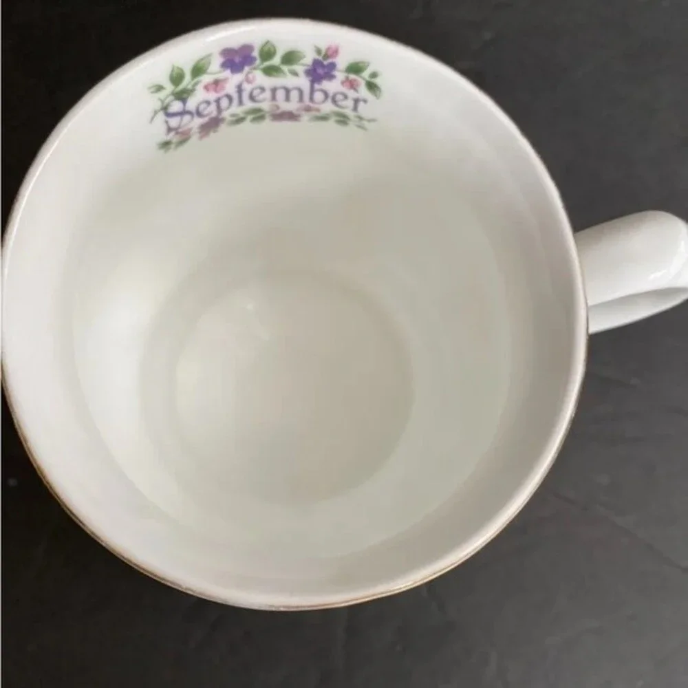 Vintage Fine Bone China Monthly Flower Mug September Purple Daisies Gold trim